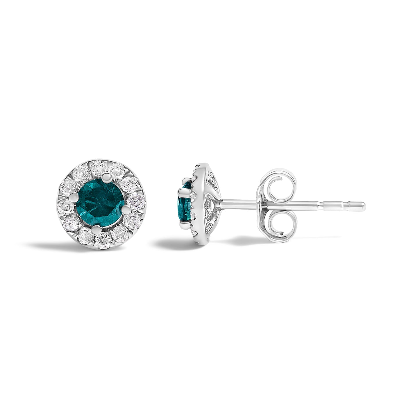 .925 Sterling Silver 1/2 Cttw Blue Diamond Halo Stud Earring