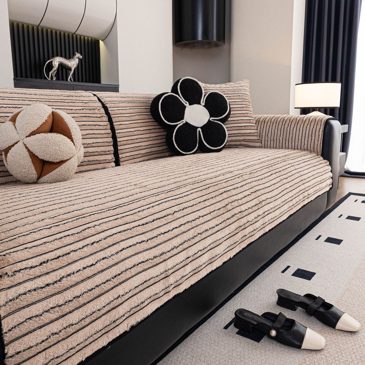Plush Striped Couch Seat and Backrest Cover, Non-Slip Individual Sofa Protector