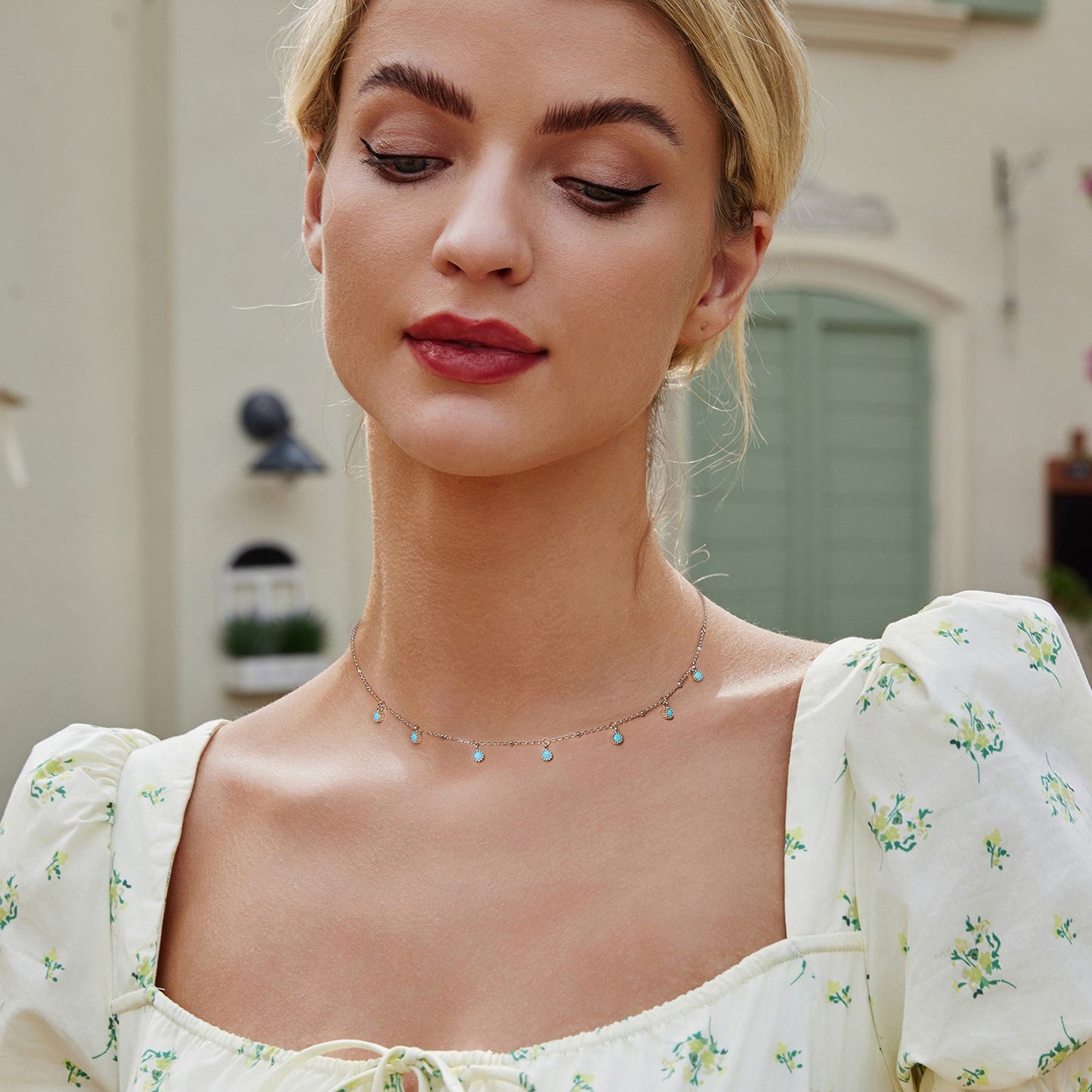 925 Sterling Silver Necklace with Synthetic Turquoise in White Gold, Adjustable 450mm for Women
