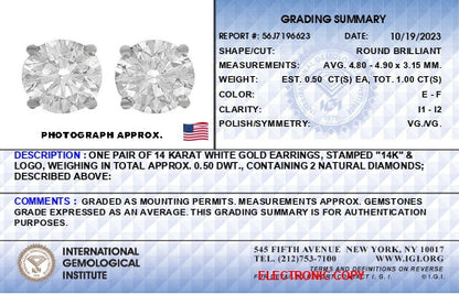 IGI Certified 14K White Gold 1.0 Cttw 4-Prong Set Brilliant Round-Cut Solitaire Diamond Push Back Stud Earrings (E-F Color, I1-I2 Clarity)