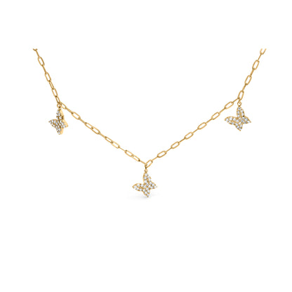 14KT Yellow Gold 1/2 Cttw Diamond Butterfly Station Paperclip Station Necklace (I-J Color, I1-I2 Clarity) - Adjustable 15"-17" Inches