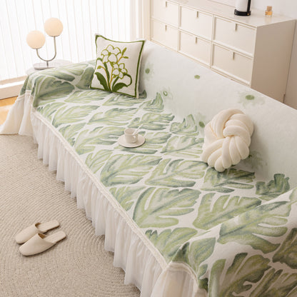 Botanical Sofa Cover with Chiffon Skirt, Floral Couch Throw Blanket for All-Season