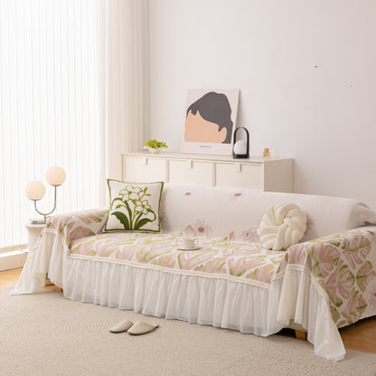 Botanical Sofa Cover with Chiffon Skirt, Floral Couch Throw Blanket for All-Season