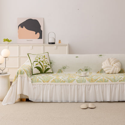 Botanical Sofa Cover with Chiffon Skirt, Floral Couch Throw Blanket for All-Season