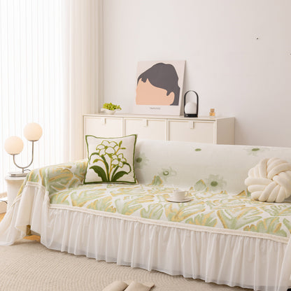 Botanical Sofa Cover with Chiffon Skirt, Floral Couch Throw Blanket for All-Season