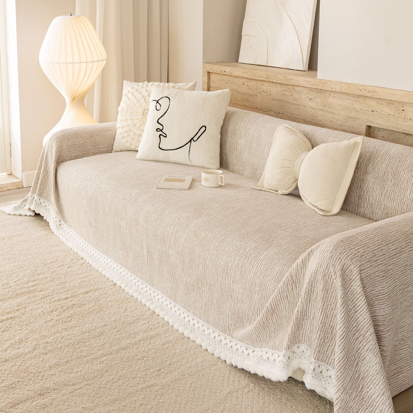 Sofa Cover Throw with Lace Trim & Pom-Pom Fringe, Decorative Couch Cover Blanket