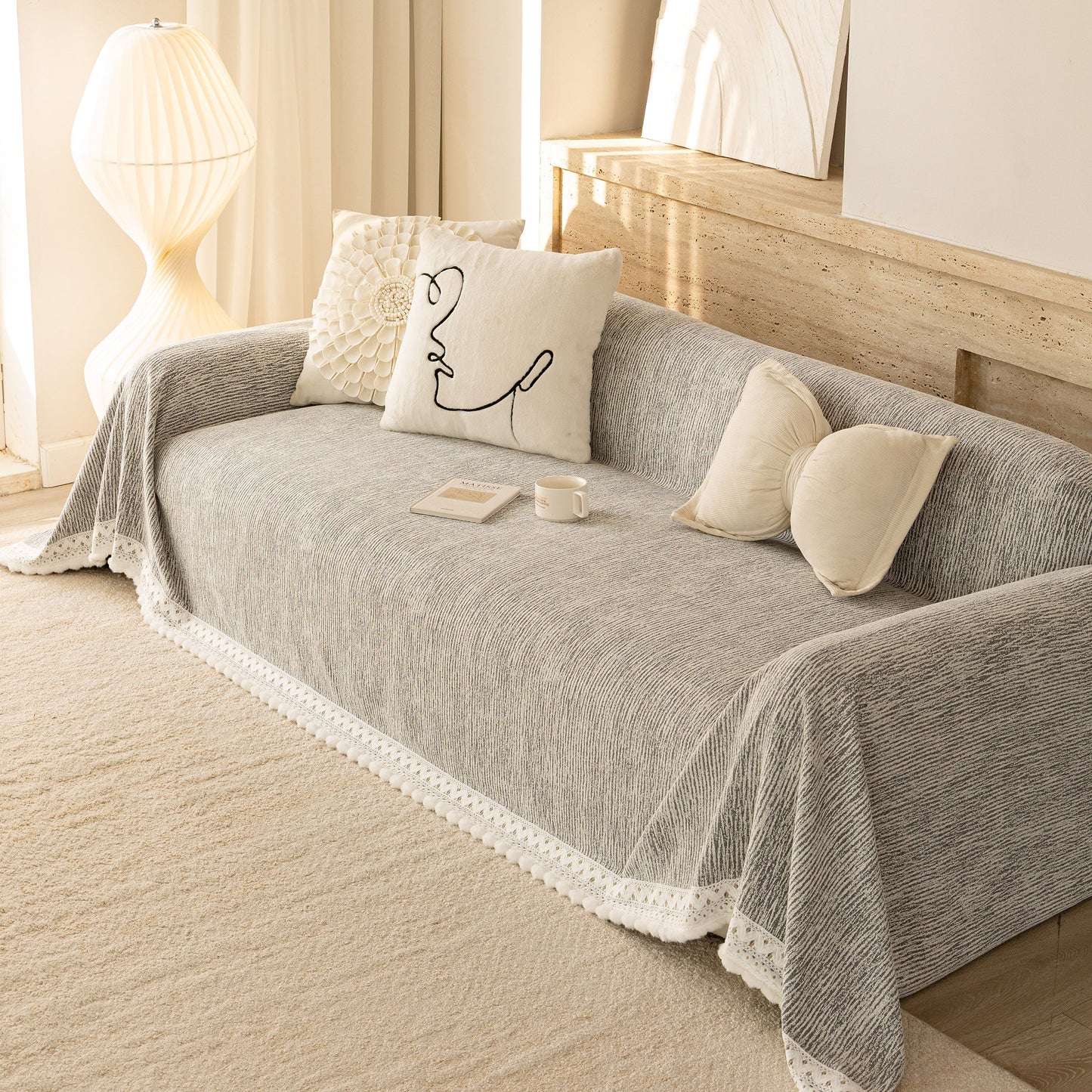 Sofa Cover Throw with Lace Trim & Pom-Pom Fringe, Decorative Couch Cover Blanket