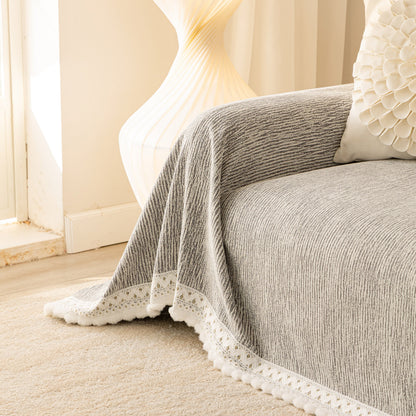 Sofa Cover Throw with Lace Trim & Pom-Pom Fringe, Decorative Couch Cover Blanket