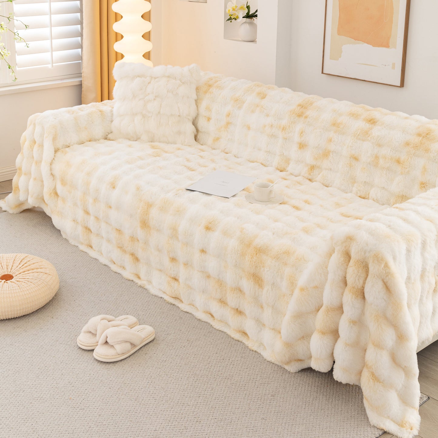 Thick Faux Fur Couch Cover Fluffy Fuzzy Warm Washable Furniture Protector for Kids Pets