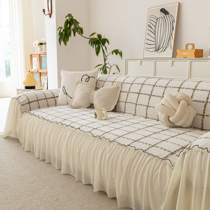 Grid Sofa Cover with Ruffle Skirt – Soft, Decorative, Full-Cover Couch Protector