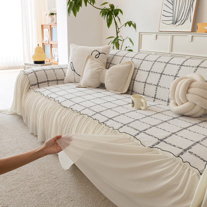 Grid Sofa Cover with Ruffle Skirt – Soft, Decorative, Full-Cover Couch Protector