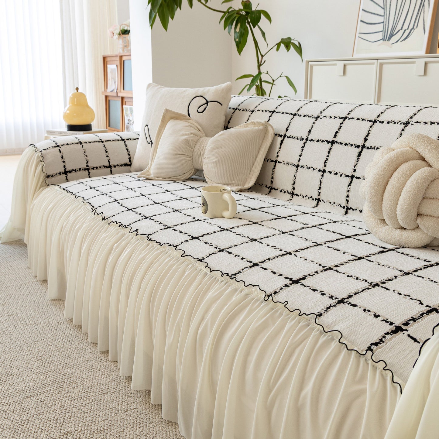 Grid Sofa Cover with Ruffle Skirt – Soft, Decorative, Full-Cover Couch Protector