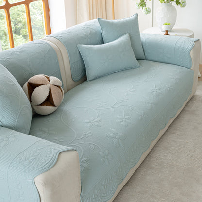 Floral Cotton Quilted Sofa Cover, Non-Slip Couch Protector with Scalloped Edges