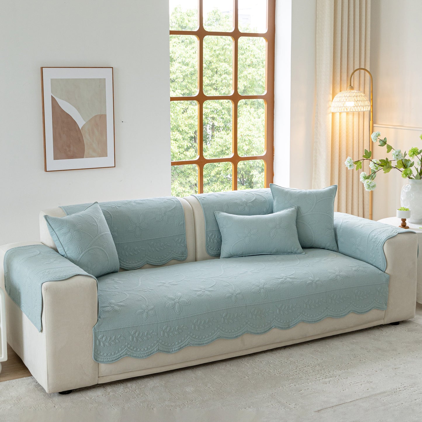 Floral Cotton Quilted Sofa Cover, Non-Slip Couch Protector with Scalloped Edges