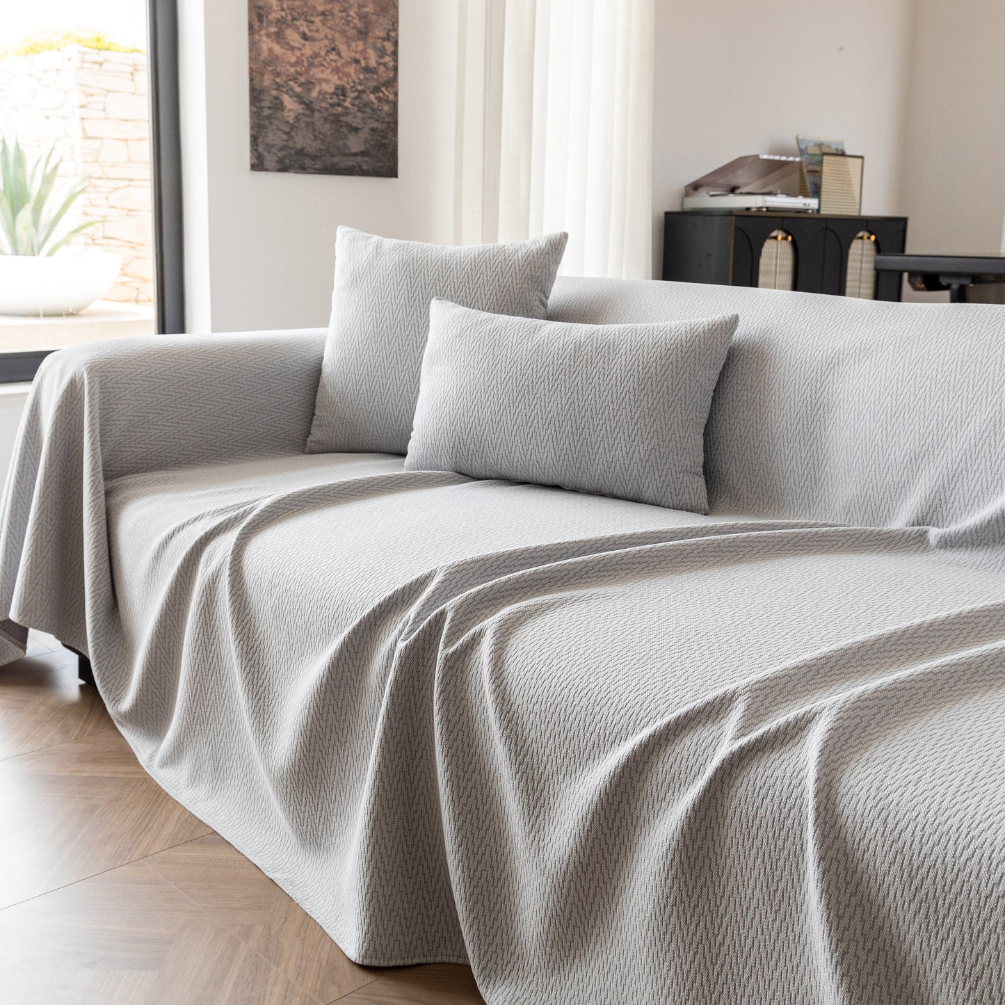 Herringbone Textured Sofa Throw Blanket, Durable Pet Friendly Modern Couch Slipcover