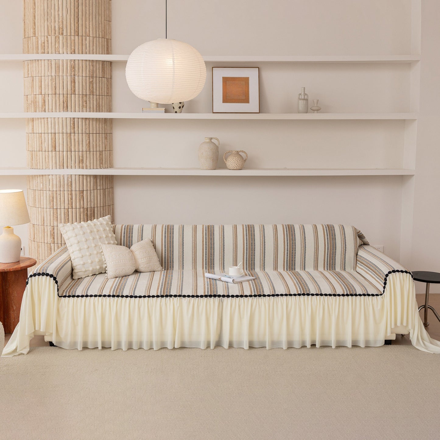 Boho Striped Couch Cover with Sheer Ruffle Skirt, Decorative Couch Throw Blanket