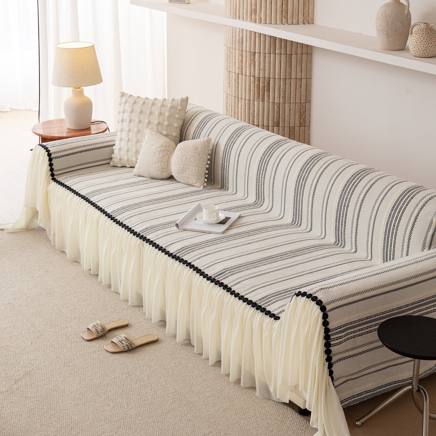 Boho Striped Couch Cover with Sheer Ruffle Skirt, Decorative Couch Throw Blanket