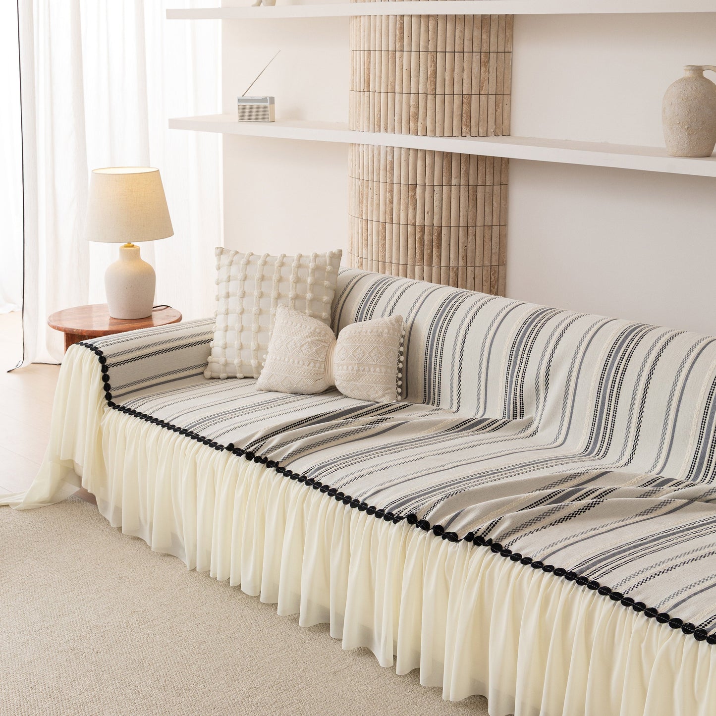 Boho Striped Couch Cover with Sheer Ruffle Skirt, Decorative Couch Throw Blanket