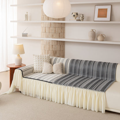 Boho Striped Couch Cover with Sheer Ruffle Skirt, Decorative Couch Throw Blanket