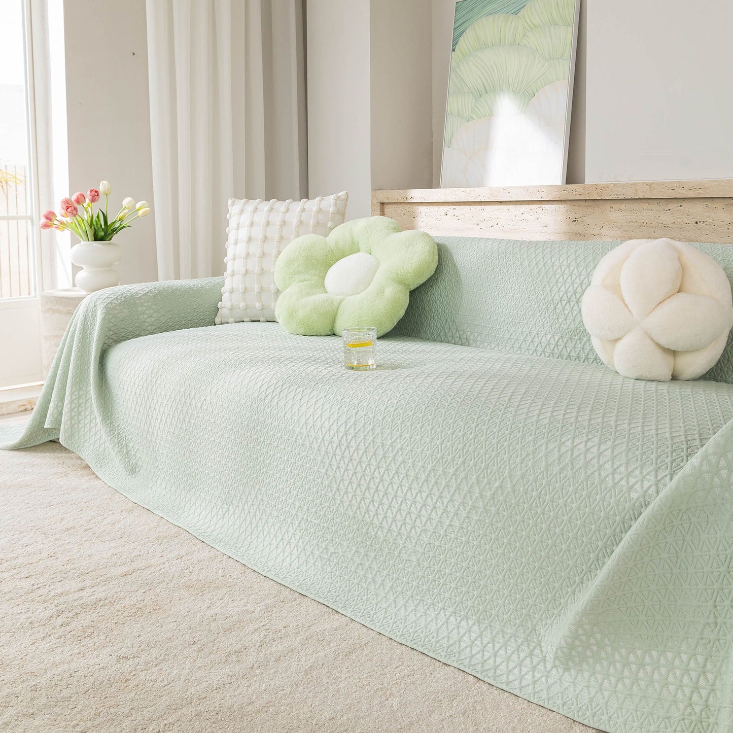 Cooling Ice Silk Sofa Throw Cover, Summer Diamond Textured Furniture Protector Blanket