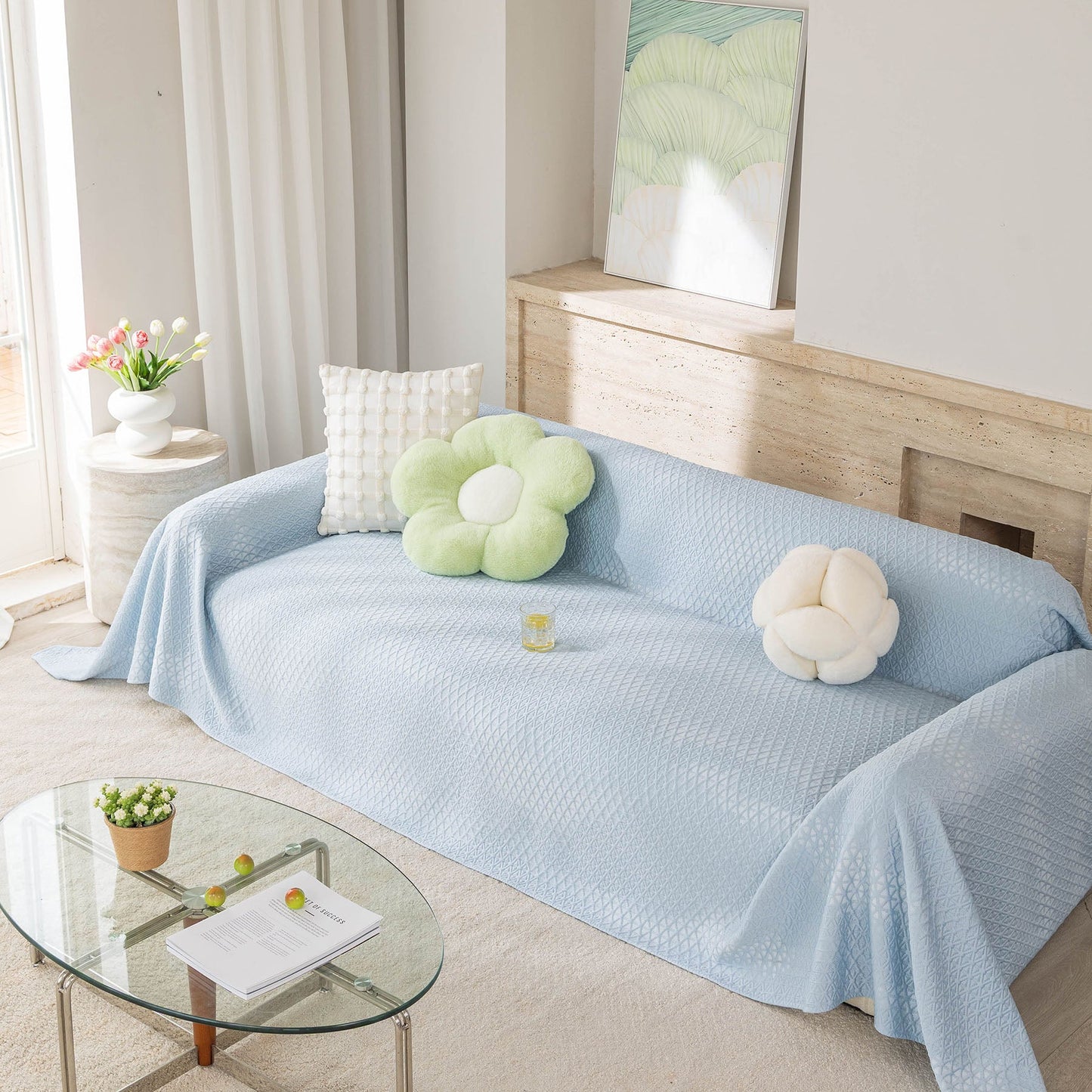 Cooling Ice Silk Sofa Throw Cover, Summer Diamond Textured Furniture Protector Blanket