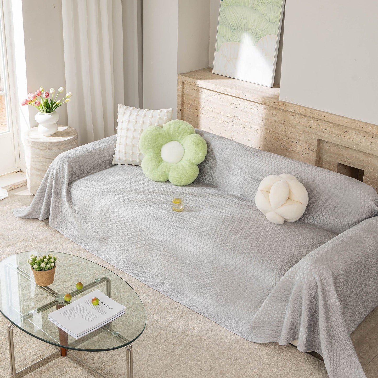 Cooling Ice Silk Sofa Throw Cover, Summer Diamond Textured Furniture Protector Blanket