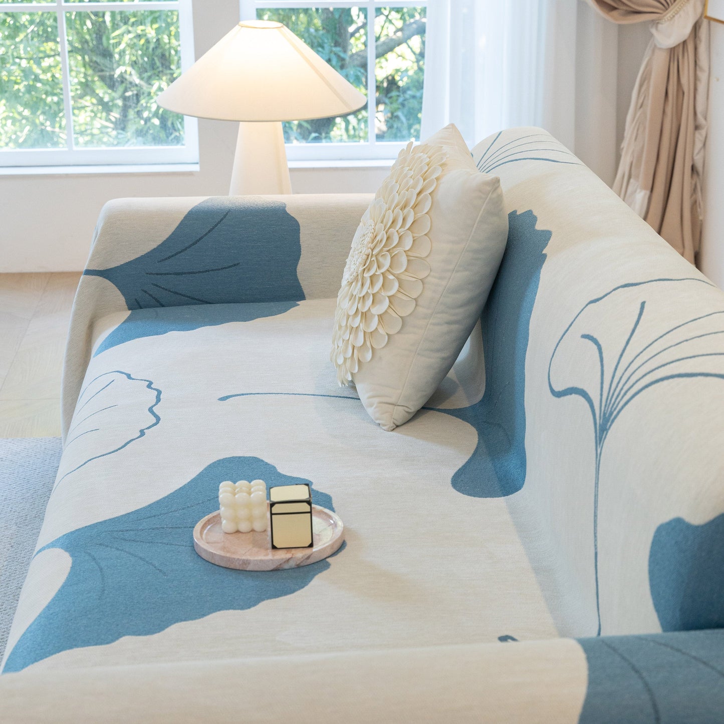 Cozy Couch Throw Blanket with Tassels, Jacquard Leaf Pattern Furniture Protector