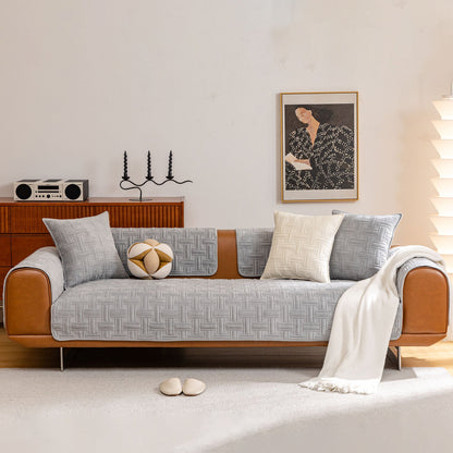 Quilted Velvet Sofa Cover, Thick Padded Couch Protector with Raised Geometric Texture