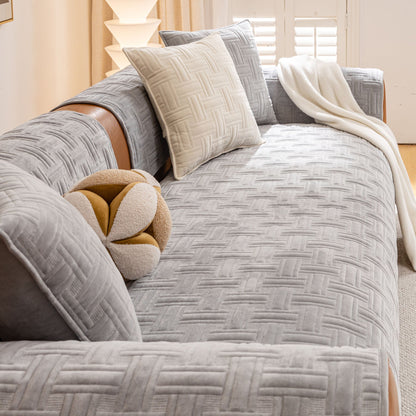 Quilted Velvet Sofa Cover, Thick Padded Couch Protector with Raised Geometric Texture