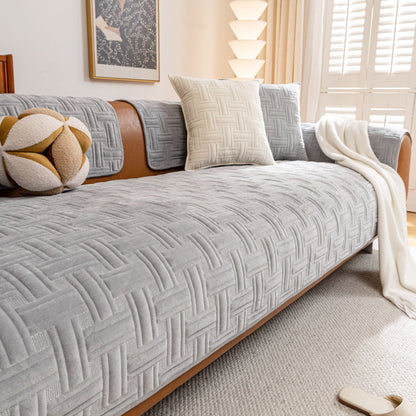 Quilted Velvet Sofa Cover, Thick Padded Couch Protector with Raised Geometric Texture