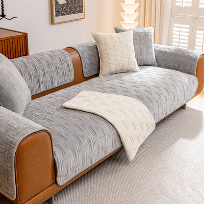 Quilted Velvet Sofa Cover, Thick Padded Couch Protector with Raised Geometric Texture