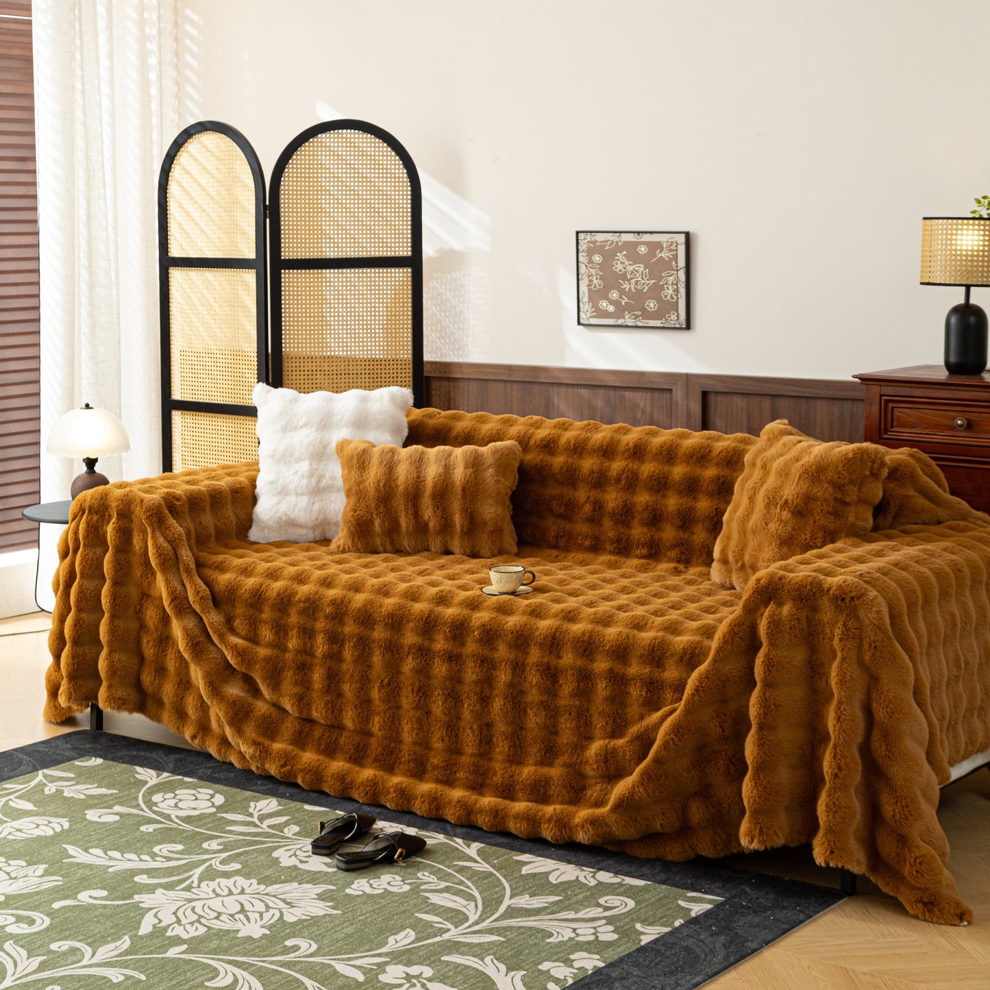 Thick Faux Fur Sofa Cover Fluffy Plush Warm Sofa Slipcover Furniture Protector for Couch Bed