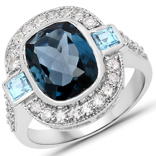 "5.27 Carat Genuine London Blue Topaz, Swiss Blue Topaz and White Diamond .925 Sterling Silver Ring