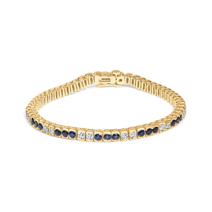 14K Yellow Gold 1 3/4 Cttw Diamond and 5.0 Cttw Blue Sapphire Bezel Set Tennis Bracelet (G-H Color, SI1-SI2 Clarity) - 7" Inches