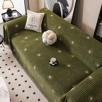 Chenille Camellia Floral Sofa Throw Cover Couch Blanket with Striped Jacquard