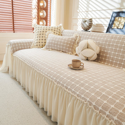 Grid Textured Sofa Cover with Sheer Ruffle Skirt, Pet-Friendly Sofa Throw Slipcover