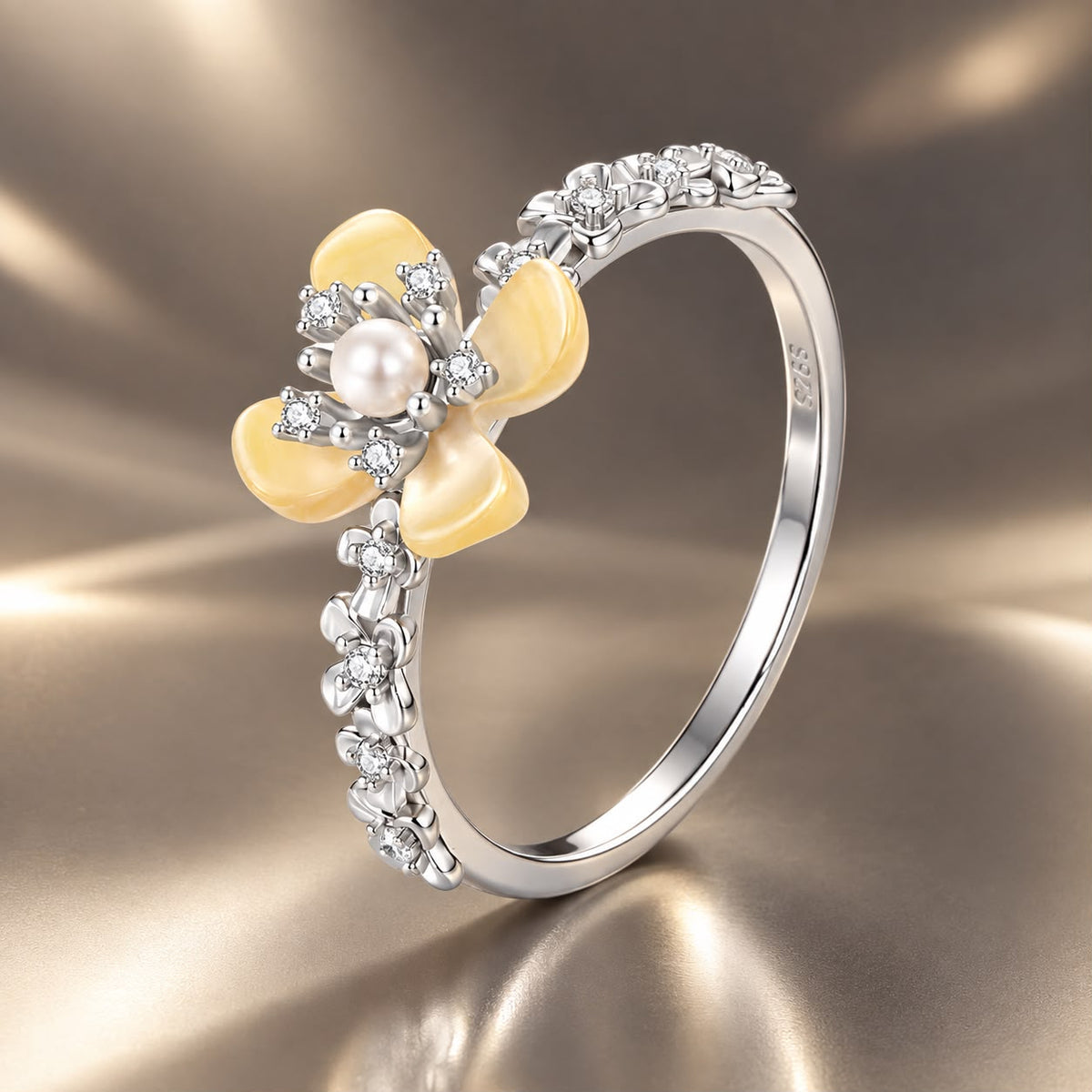 925 Sterling Silver White Gold Plated Nacre Synthetic Pearl CZ Size 6 Ring for Women