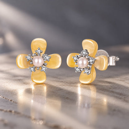 925 Sterling Silver White 0.85x0.85cm Nacre Synthetic Pearl CZ Earrings for Women