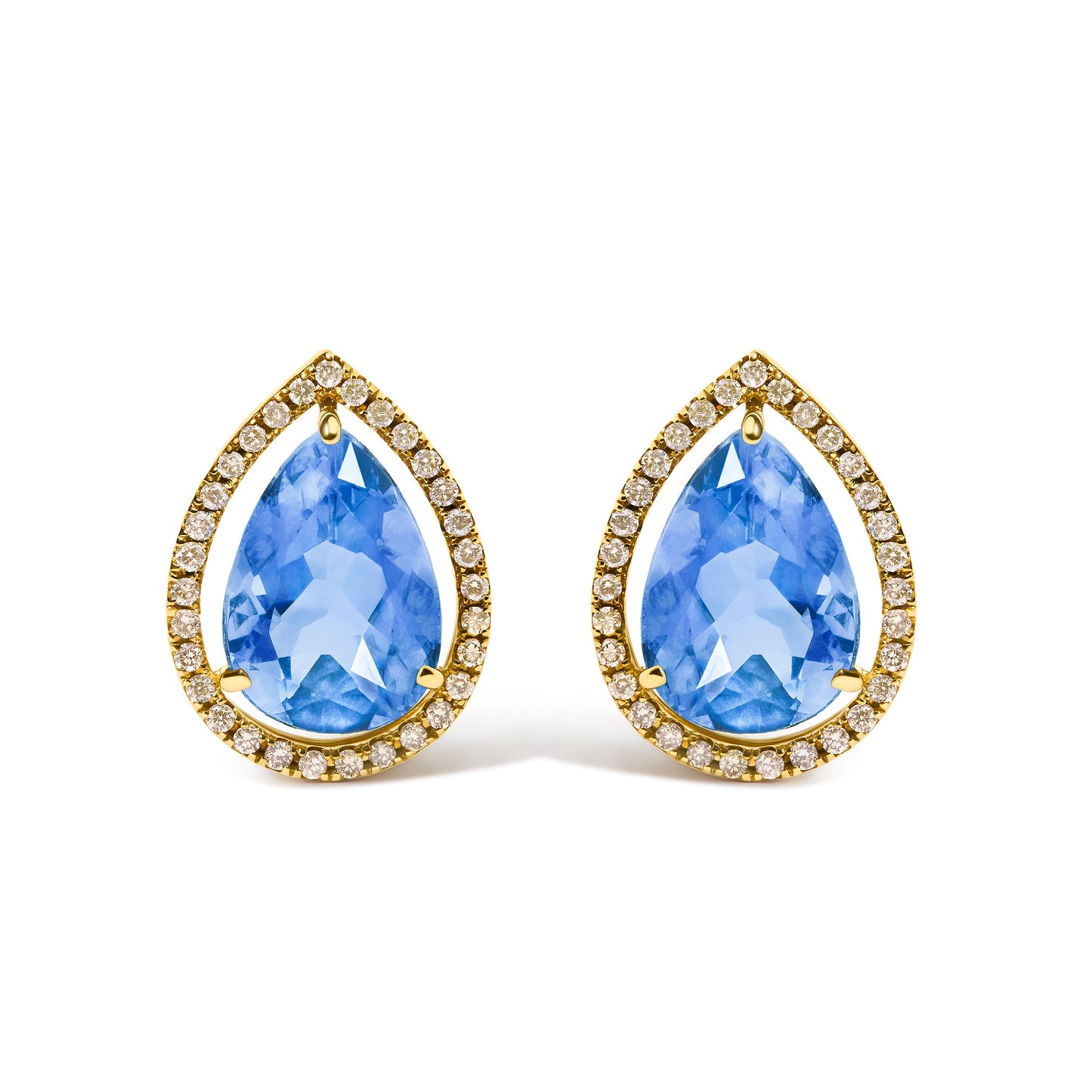 18K Yellow Gold 9x13 MM Blue Flourite Pear Halo Stud Earrings 1/2 Cttw Diamond
