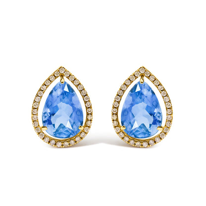 18K Yellow Gold 9x13 MM Blue Flourite Pear Halo Stud Earrings 1/2 Cttw Diamond