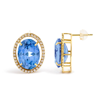 18K Yellow Gold 11x14MM Blue Fluorite Oval Stud Earrings with 1/2 Cttw Diamond Halo