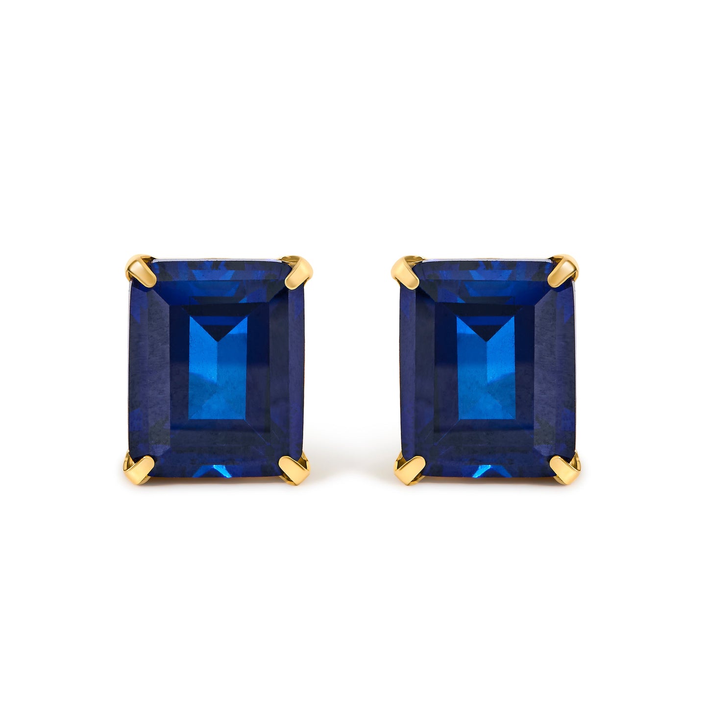 18K Yellow Gold 10x8 MM Lab Created Blue Sapphire Emerald Cut Solitaire Stud Earrings