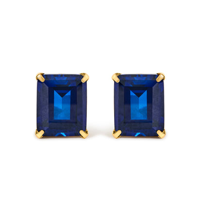18K Yellow Gold 10x8 MM Lab Created Blue Sapphire Emerald Cut Solitaire Stud Earrings