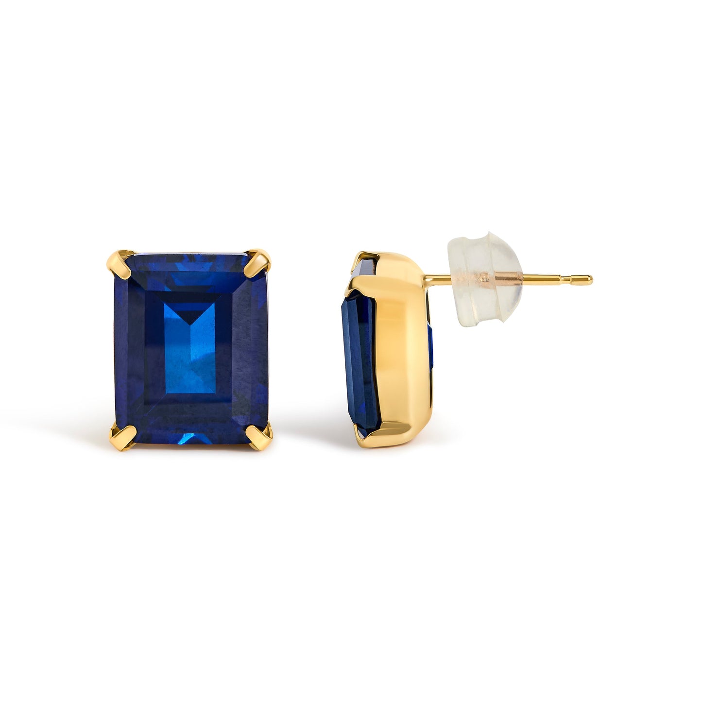 18K Yellow Gold 10x8 MM Lab Created Blue Sapphire Emerald Cut Solitaire Stud Earrings