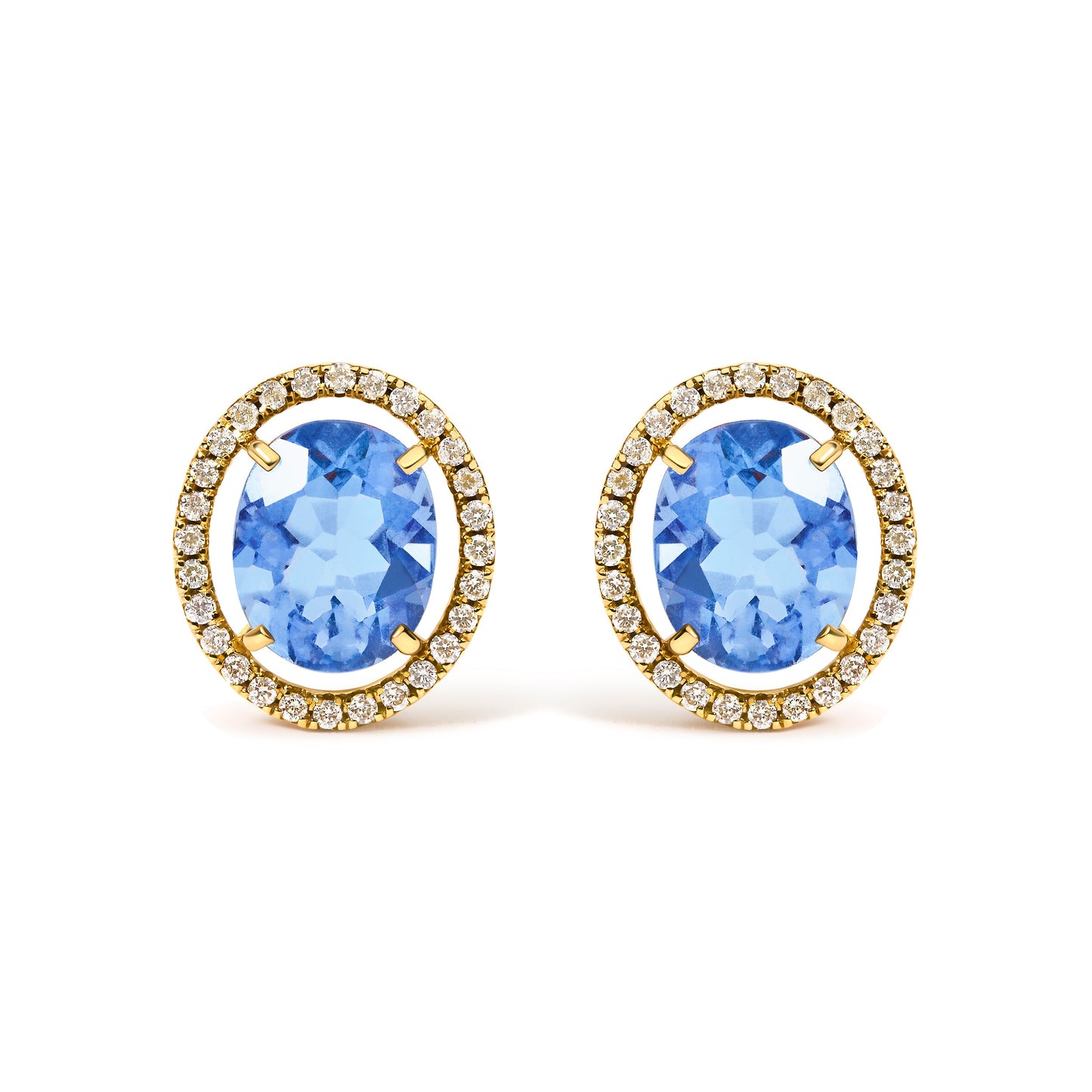 18K Yellow Gold 8X10 MM Blue Fluorite Oval and 1/2 Cttw Diamond Halo Stud Earrings