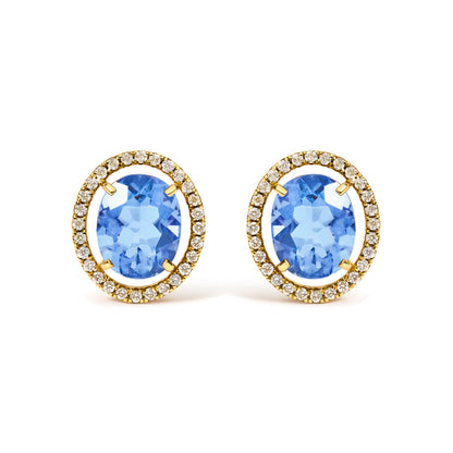 18K Yellow Gold 8X10 MM Blue Fluorite Oval and 1/2 Cttw Diamond Halo Stud Earrings