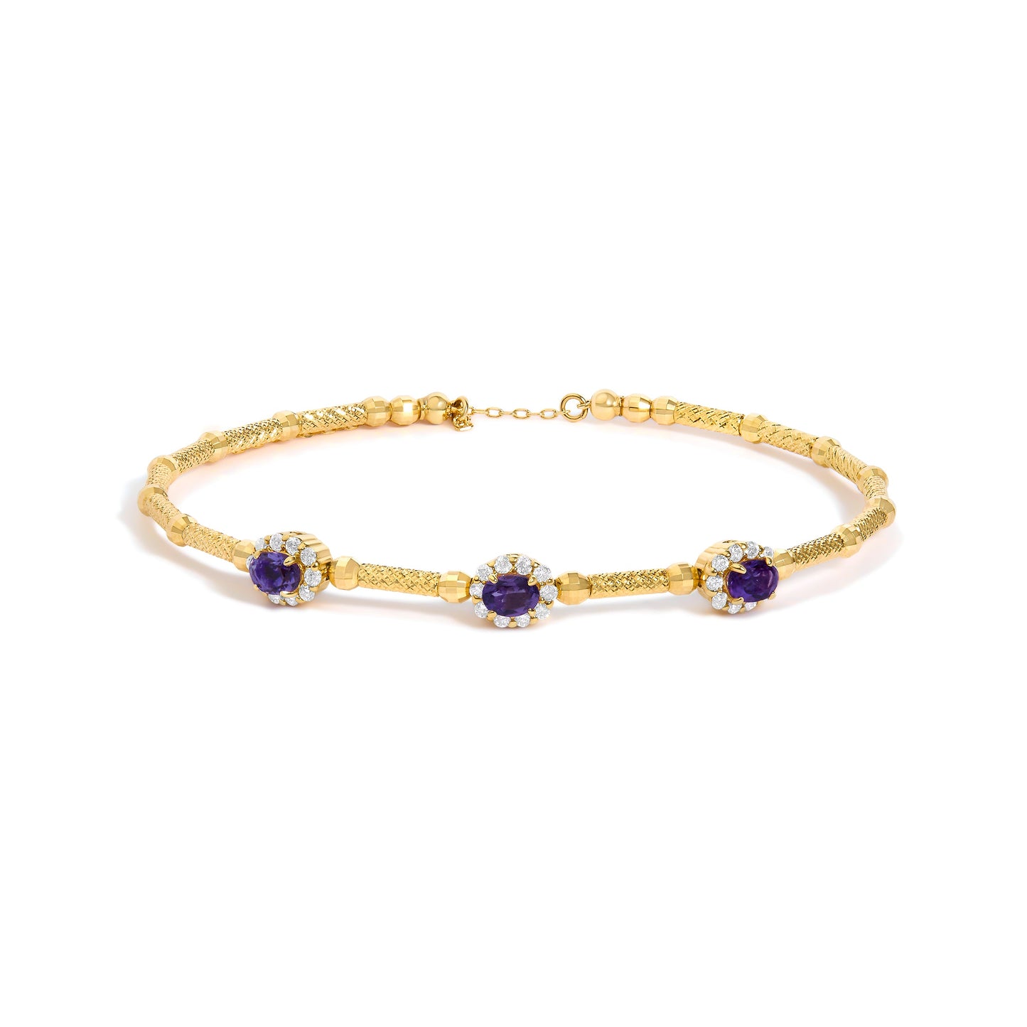 18K Yellow Gold Purple Amethyst and 1/3 Cttw Diamond Halo Station Bracelet