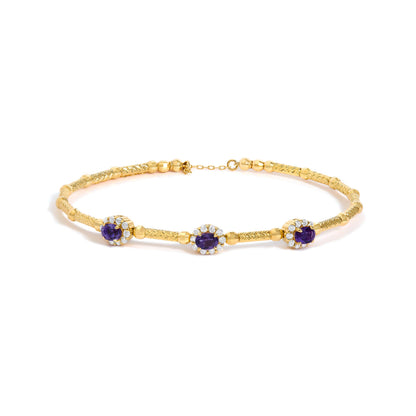 18K Yellow Gold Purple Amethyst and 1/3 Cttw Diamond Halo Station Bracelet