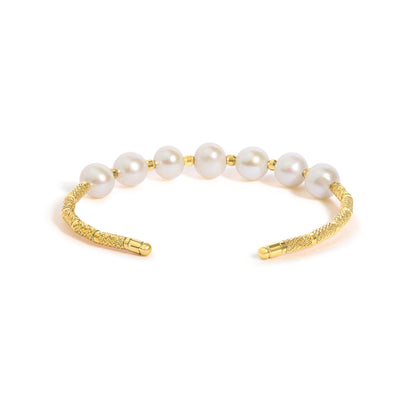 18K Yellow Gold Freshwater Pearl Cuff Bangle Bracelet