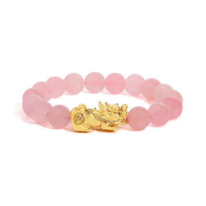 18K Yellow Gold Dragon Charm Natural Rose Quartz Beaded Charm Bracelet
